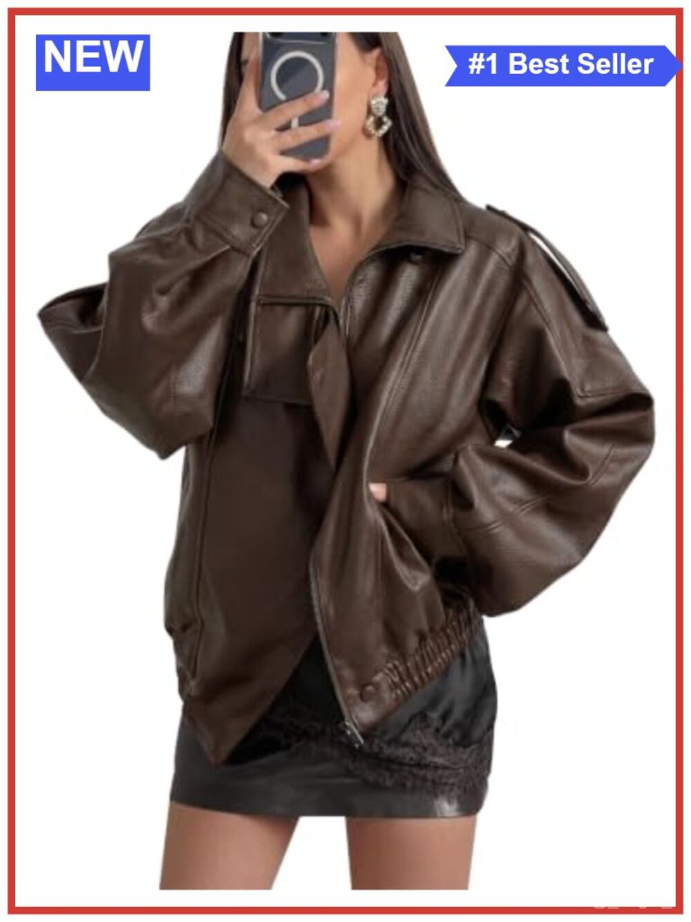 Faux Leather Jacket Funnel Neck Zip Front Bomber Coat